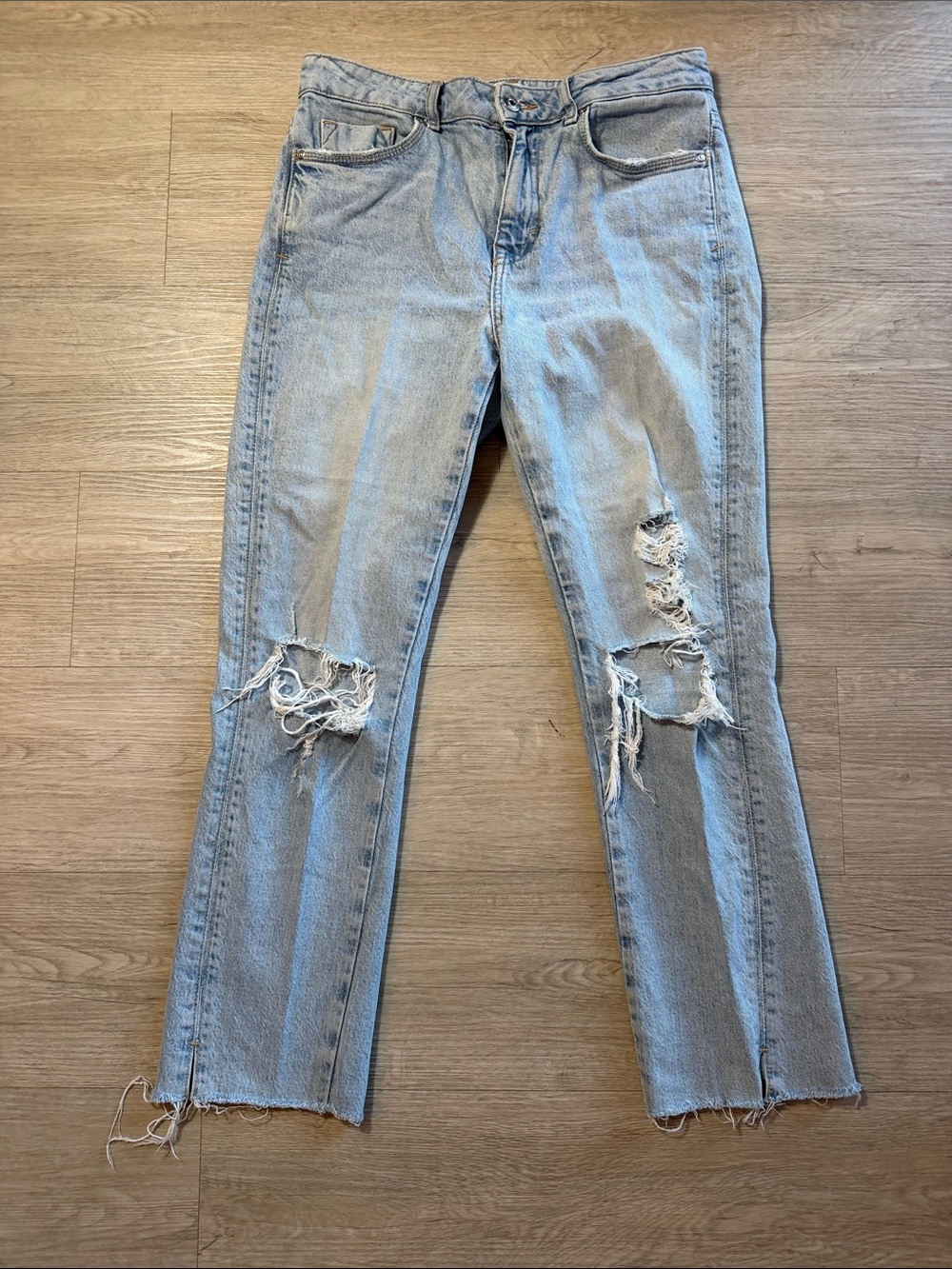 Zara Light Blue Distressed Straight Leg Jeans
